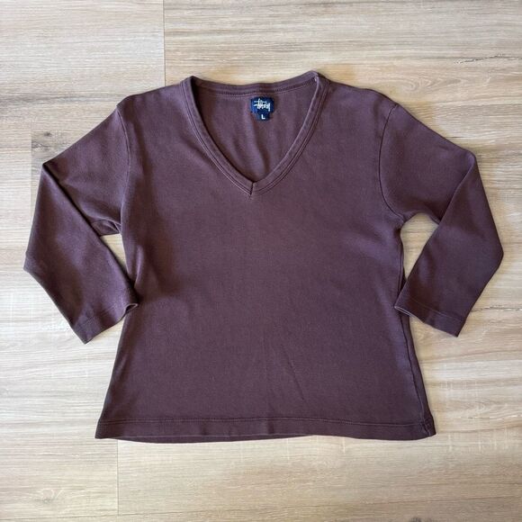 Y2K Stussy Size L V-Neck Pullover Shirt Solid Brown Skater Grunge Streetwear - Picture 1 of 5